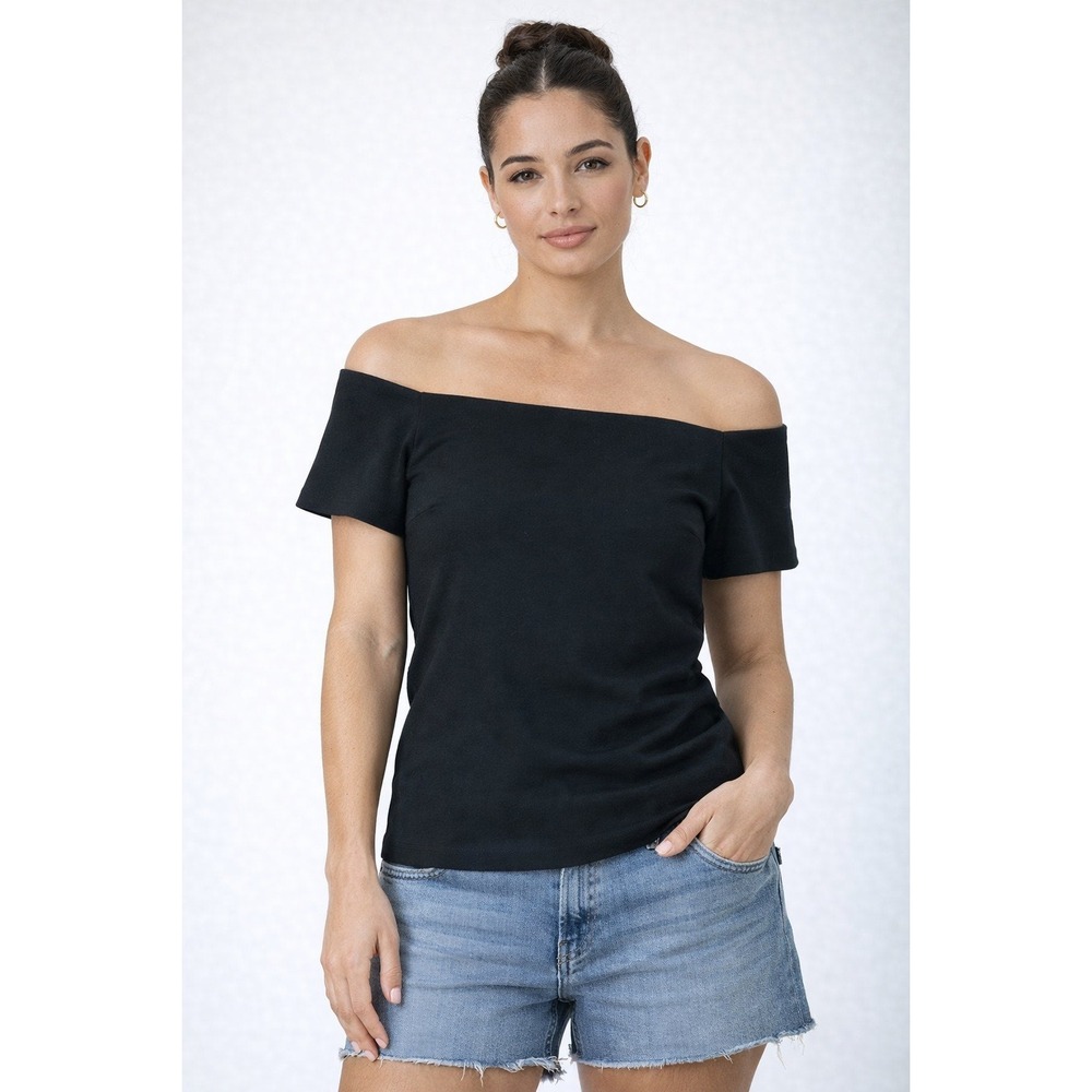 Anthropologie Deletta Black Off Shoulder Top Back Zip Stretch Size LG